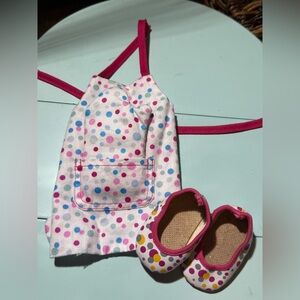 Doll apron with oven mit polka dot pattern with matching shoes for 18” dolls